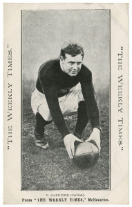 The Weekly Times: circa 1910 "Victorian Footballers" series - V. Gardiner (Carlton). Fine Unused.
