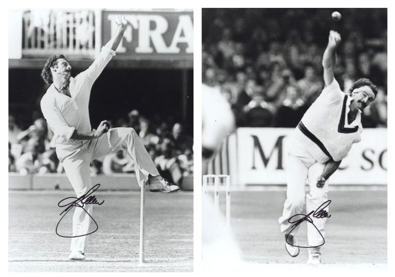DENNIS LILLEE: Two black & white action photographs of the great bast bowler; one side-on and one from the batsman's perspective, both illustrating the incredible strength and momentum behind each delivery. Both attractively signed. (2) Each 30 x 21cm.