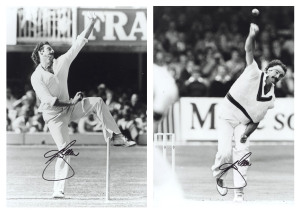 DENNIS LILLEE: Two black & white action photographs of the great bast bowler; one side-on and one from the batsman's perspective, both illustrating the incredible strength and momentum behind each delivery. Both attractively signed. (2) Each 30 x 21cm.