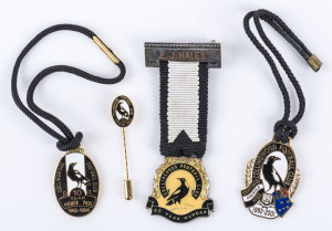 COLLINGWOOD: Elite membership badges and medallions comprising a 1985-1994 "10 Year Premier Pass" medallion; a 1992-2001 Centenary Premier Pass medallion; an undated "25 Years Member" medallion with ribbon and bar (named to E.J. Hales) and, an undated 10 Years Premier Pass pin. (4 items).