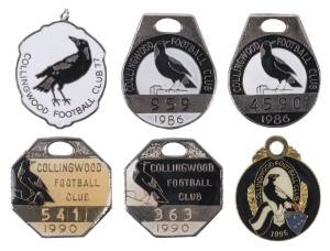 COLLINGWOOD: A 1976 - 2011 collection of membership medallions. Comprising 1976 (Male & Female), 1977, 1982 (Male & Female), 1983 (M&F), 1984 (M&F), 1985 (M&F), 1986 (M&F), 1987 (M&F), 1988 (M&F), 1989 (M&F), 1990 Premiership year (M&F), 1991 (M&F), 1992 Centenary (only type), 1994 (M&F), 1995 (M), 1996 (M, plus misprinted version), 1997 (M&F), 1998 (M&F), 1999 (M&F) plus 2000 - 2011 (ex. 2003) the only version for each of these years. Terrific lot in excellent condition. (46 items).