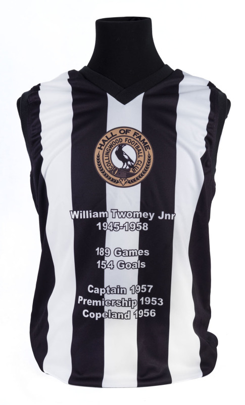 BILL TWOMEY Jnr HALL OF FAME JUMPER with details of his career printed on the front. He was a brilliant and enigmatic centreman/forward who played 189 games, kicked 154 goals, captained the club, played in the 1953 Premiership and won a Copeland medal in