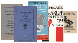 An accumulation including the 1928 Constitution and Rules of the Victorian Country Football league; the 1950 edition of the Australian National Football Council's Laws of the Australian National Game; approximately 60 fixtures; a quantity of Scanlen's cards in mixed condition; collection of 13 Quit Campaign "Give Smoking the boot" stickers; other cards by Select, Optus, Mobil; 1976 & '77 Scanlens League Football Bubble gum wrappers; various stickers, publications, brochures & other ephemera.