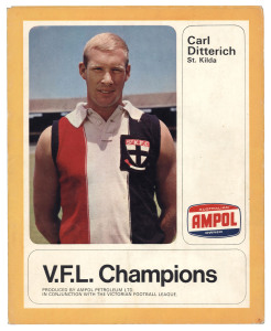 1968 Ampol 'VFL Champions' folders & 45rpm records (10/12) - Bob Skilton, South Melbourne; Ron Barassi, Carlton; Barry Davis, Essendon; Laurie Dwyer, North Melb; Royce Hart, Richmond; Hassa Mann, Melbourne; Alex Ruscuklic, Fitzroy; Doug Wade, Geelong; Carl Ditterich, St. Kilda; Peter Hudson, Hawthorn (defaced). All in good condition, except as noted.