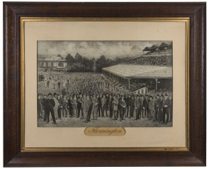 circa 1900 crowd scene, black & white lithograph, depicting a crowd at Flemington Race Course; framed & glazed; overall 72 x 88cm in period oak frame.