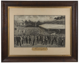 circa 1900 crowd scene, black & white lithograph, depicting a crowd at Flemington Race Course; framed & glazed; overall 72 x 88cm in period oak frame.