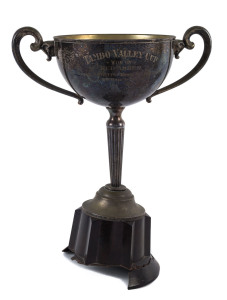 1953 TAMBO VALLEY CUP, silver-plated trophy cup on bakelite base, 44cm tall, engraved "Tambo Valley Cup, Won By Red Amber, Owner H.E.Betts, Rider F.C.Hollonds, 9th March, 1953". 