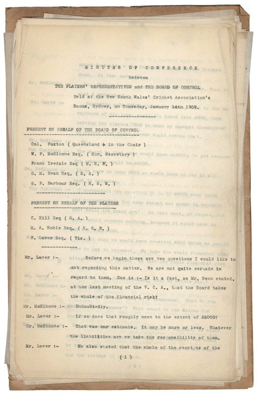 "MINUTES of CONFERENCE between THE PLAYERS' REPRESENTATIVES and THE BOARD OF CONTROL, Held at the New South Wales' Cricket Association's Rooms, Sydney, on Thursday, January 14th 1909" 30 pages, typed; original record of the meeting. Present on behalf of t