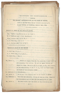 "MINUTES of CONFERENCE between THE PLAYERS' REPRESENTATIVES and THE BOARD OF CONTROL, Held at the New South Wales' Cricket Association's Rooms, Sydney, on Thursday, January 14th 1909" 30 pages, typed; original record of the meeting. Present on behalf of t