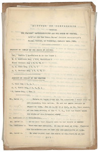 "MINUTES of CONFERENCE between THE PLAYERS' REPRESENTATIVES and THE BOARD OF CONTROL, Held at the New South Wales' Cricket Association's Rooms, Sydney, on Thursday, January 14th 1909" 30 pages, typed; original record of the meeting. Present on behalf of the Board were Col. Foxton (Qld), W.P. McElhone (Hon. Sec.), Frank Iredale (NSW), G.M. Evan (S.A.) & G.P. Barbour (NSW). Present on behalf of the Players were Clem Hill (S.A.), Monty Noble (NSW) & Frank Laver (Vic.). A fascinating insight i