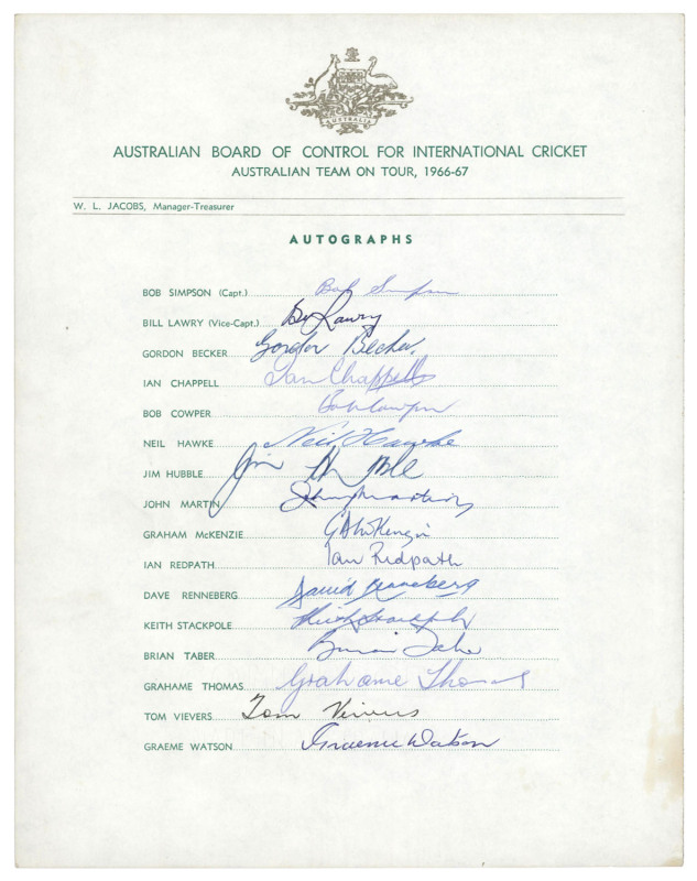 AUSTRALIA: 1966-67 official team sheet for the AUSTRALIAN TEAM ON TOUR, W.L. JACOBS, Manager-Treasurer. Fully signed, with Bob Simpson captain and Bill Lawry vice-captain. (16 signatures).Provenance: The Bill Jacobs collection.