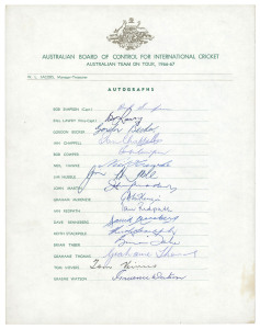 AUSTRALIA: 1966-67 official team sheet for the AUSTRALIAN TEAM ON TOUR, W.L. JACOBS, Manager-Treasurer. Fully signed, with Bob Simpson captain and Bill Lawry vice-captain. (16 signatures).Provenance: The Bill Jacobs collection.