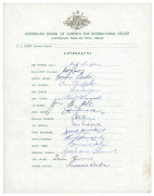 AUSTRALIA: 1966-67 official team sheet for the AUSTRALIAN TEAM ON TOUR, W.L. JACOBS, Manager-Treasurer. Fully signed, with Bob Simpson captain and Bill Lawry vice-captain. (16 signatures).Provenance: The Bill Jacobs collection.