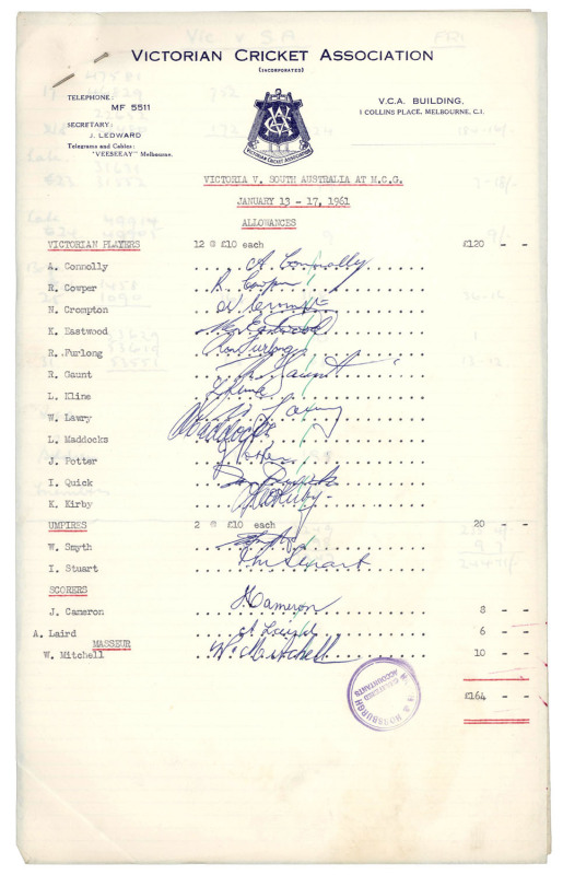 VICTORIA v SOUTH AUSTRALIA at the M.C.G. January 13 - 17, 1961The match report regarding payments ("allowances") for the Victorian players, the umpires, scorers and the masseur. [The 12 players and 2 umpires received £10 each]; the hand-written pages summ