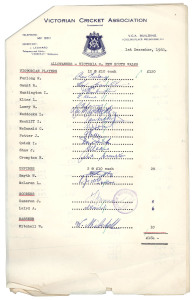 VICTORIA v NEW SOUTH WALES at the M.C.G. December 2nd - 6th, 1960 The match report regarding payments ("allowances") for the Victorian players, the umpires, scorers and the masseur. [The 12 players and 2 umpires received £10 each]; the hand-written pages 