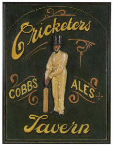 "CRICKETERS TAVERN - COBBS ALE" painted sign on timber; overall 80 x 60cm.