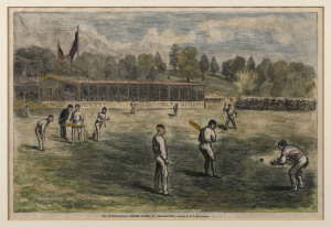 Framed displays, comprising the "International Cricket Match at Philadelphia" hand-coloured engraving from Harpers Weekly, 1879, 40 x 50cm; 1953 Official Score Sheet for the Test Match between England & Australia played at Kennington Oval framed together 