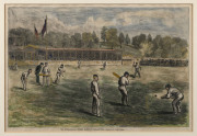 Framed displays, comprising the "International Cricket Match at Philadelphia" hand-coloured engraving from Harpers Weekly, 1879, 40 x 50cm; 1953 Official Score Sheet for the Test Match between England & Australia played at Kennington Oval framed together