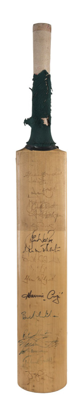 AUSTRALIA v SOUTH AFRICA 1993: A full size Owl brand bat signed by the Australian team captained by Alan Border (with Mark Taylor, Ian Healy, Steve Waugh, Mark Slater and Glenn McGrath) and 9 of the South Africans including Hansie Cronje, Jonty Rhodes and