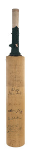 AUSTRALIA v SOUTH AFRICA 1993: A full size Owl brand bat signed by the Australian team captained by Alan Border (with Mark Taylor, Ian Healy, Steve Waugh, Mark Slater and Glenn McGrath) and 9 of the South Africans including Hansie Cronje, Jonty Rhodes and