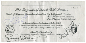 1997 "The Legend of the A.F.L. Dinner ticket signed by the three Brownlow Medallists who were honoured at the dinner: Dick Reynolds, Bob Skilton and Ian Stewart. Accompanied by the 21 Feb.1987 Brisbane Bears v Hawthorn Souvenir program; "Bear Facts" magaz