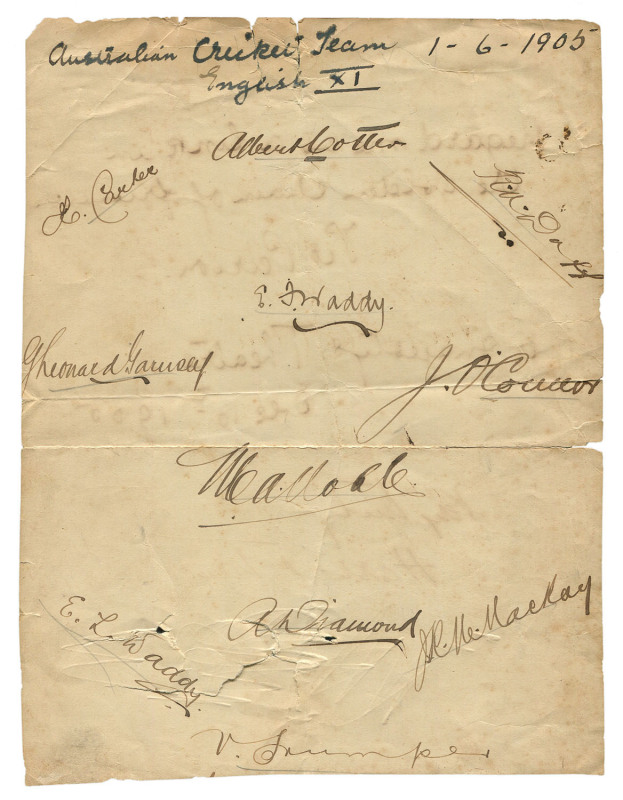 An autograph page dated "1-6-1905" and headed (incorrectly, as far as we can tell) "Australian Cricket Team v English XI" with the ink signatures of Victor Trumper, Monty Noble, Hanson Carter, James Mackay, Austin Diamond, E.L. Waddy, G.LeonardGarnsey, J.