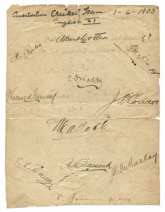 An autograph page dated "1-6-1905" and headed (incorrectly, as far as we can tell) "Australian Cricket Team v English XI" with the ink signatures of Victor Trumper, Monty Noble, Hanson Carter, James Mackay, Austin Diamond, E.L. Waddy, G.LeonardGarnsey, J. O'Connor & R.A. Duff; all of whom represented New South Wales and several of whom also represented Australia.