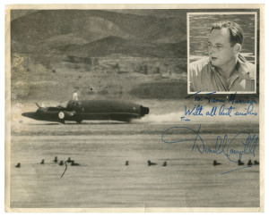 DONALD CAMPBELL: A group comprising a 1956 two-page letter on his personal letterhead regarding the writer's ingenious idea for a new method of attachment for automobile road wheels; two postcards of 'Bluebird K7'; plus large photograph of 'Bluebird K7' w