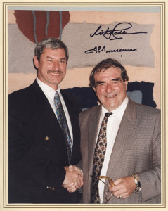 RICHARD HADLEE & FRED TRUEMAN: large colour photograph signed by the two great fast bowlers, overall 33x41cm.