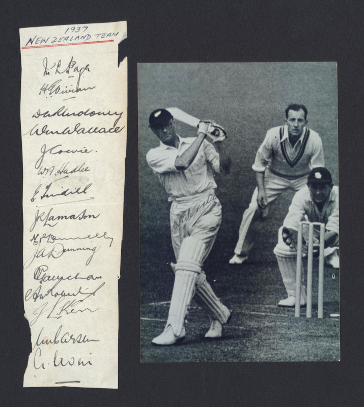 NEW ZEALAND: The 1937 team to England, small autograph page with 15 signatures including Curly Page, Walter Hadlee & Merv Wallace; together with a signed photograph of Walter Hadlee. (2 items).