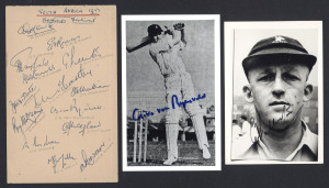 SOUTH AFRICA: The 1951 team to England, autograph page with 14 signatures including Dudley Nourse, Eric Rowan & Hugh Tayfield; plus signed photographs of George Fullerton & Clive van Ryneveld. (3 items)