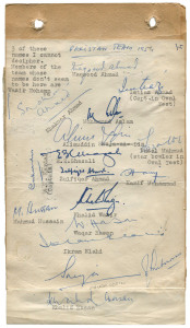PAKISTAN: 1954-62 group with 1954 team signatures on autograph page together with a team photo; 1962 official team sheet fully signed for tour to England; plus 3 signed photographs of team members. (5 items).