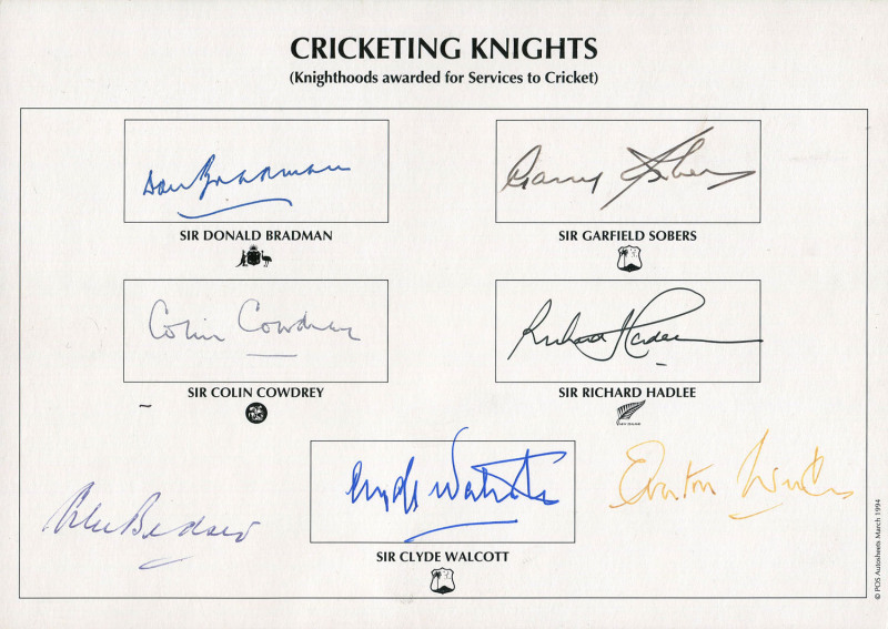 "CRICKETING KNIGHTS" headed sheet with the printed sub-title "Knighthoods awarded for Service to Cricket"  with 7 signatures - Sir Donald Bradman, Sir Garfield Sobers, Sir Colin Cowdrey, Sir Richard Hadlee, Sir Clyde Walcott, Sir Alec Bedser & Sir Everton