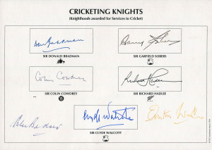"CRICKETING KNIGHTS" headed sheet with the printed sub-title "Knighthoods awarded for Service to Cricket"  with 7 signatures - Sir Donald Bradman, Sir Garfield Sobers, Sir Colin Cowdrey, Sir Richard Hadlee, Sir Clyde Walcott, Sir Alec Bedser & Sir Everton