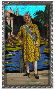 AN ORIGINAL HAND-PAINTED PICTURE OF RANJITSINHJI COMPOSED OF REAL BUTTERFLY WINGS, circa 1912 Ranji standing in a colourful landscape, wearing a matching turban and diamond-buttoned tunic sherwani, plain trousers and silver-buckled shoes. He wears his Bri