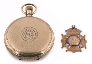 A 9ct gold medallion engraved "K.R.F.C." (believed to be Kennett River Football Club) "Premiers 1907 M. Connelly"; also, a gold-plated Elgin pocket watch (working but lacking the glass face) engraved"Presented to Mick Connelly for his Services & Loyalty to The B.F.C. PREMIERS 1910 - Beeac, Nov.10". (2 items).