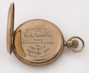 A 9ct gold medallion engraved "K.R.F.C." (believed to be Kennett River Football Club) "Premiers 1907 M. Connelly"; also, a gold-plated Elgin pocket watch (working but lacking the glass face) engraved"Presented to Mick Connelly for his Services & Loyalty t - 2