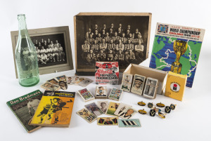 Various items incl. "Physical Training for Athletes" A.A.A. of NSW 1933); "Swimming Instructions" (1939) 64pp booklet; Official Programme 24th Australian YMCA Inter-Association Tournament at Melbourne, 1948"; several football and cricket publications; some early team photos, cricket, rugby and football cards, VFL cufflinks, etc. Mixed condition.