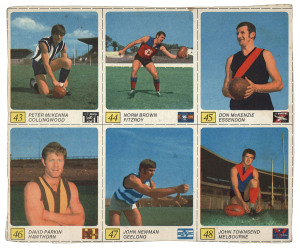 1970 KELLOGG'S "VFL Footballers in Action", 105 x 85mm format, part set in 3 panels of 6: 13 - 18 (13,14 & 16 defective); 19 - 24 (20 defective, some other faults) & 43 - 48 (VG condition). Rare survivors in this format.