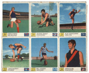 1970 KELLOGG'S "VFL Footballers in Action", 105 x 85mm format, part set in 3 panels of 6: 13 - 18 (13,14 & 16 defective); 19 - 24 (20 defective, some other faults) & 43 - 48 (VG condition). Rare survivors in this format. - 2