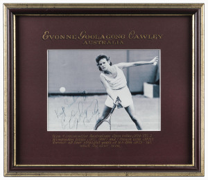 FEMALE TENNIS GREATS: An attractively annotated and framed collection of signed photographs, comprising Evonne Goolagong CAWLEY, Margaret COURT, Steffi GRAF, Billie Jean KING, Chris Evert LLOYD & Martina NAVRATILOVA & Monica SELES. (7 items).