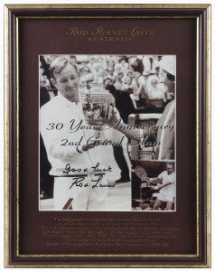 AUSTRALIAN MALE TENNIS GREATS: A group of four superbly annotated and framed signed photographs featuring Rod Laver (with CoA), Roy Emerson (with CoA), Ken Rosewall (with CoA) and John Newcombe (with CoA). Each approx. 40 x 30cm overall. (4 items).
