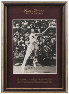 AMERICAN MALE TENNIS GREATS: A group of four superbly annotated and framed signed photographs featuring Don Budge (with CoA), John McEnroe (with CoA), Stan Smith (with CoA) and Jimmy Connors (with CoA). Also, an unsigned framed photo of Arthur Ashe. Each approx. 40 x 30cm overall. (5 items).