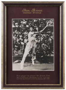 AMERICAN MALE TENNIS GREATS: A group of four superbly annotated and framed signed photographs featuring Don Budge (with CoA), John McEnroe (with CoA), Stan Smith (with CoA) and Jimmy Connors (with CoA). Also, an unsigned framed photo of Arthur Ashe. Each 