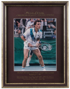 EUROPEAN & ENGLISH MALE TENNIS GREATS: A group of five superbly annotated and framed signed photographs featuring Ivan Lendl (with CoA), Stefan Edberg (with CoA), Boris Becker (with CoA), Bjorn Borg (with CoA) and Fred Perry. Each approx. 40 x 30cm overall. (5 items).