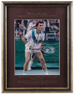 EUROPEAN & ENGLISH MALE TENNIS GREATS: A group of five superbly annotated and framed signed photographs featuring Ivan Lendl (with CoA), Stefan Edberg (with CoA), Boris Becker (with CoA), Bjorn Borg (with CoA) and Fred Perry. Each approx. 40 x 30cm overal