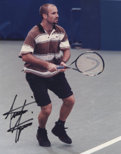 MALE TENNIS GREATS: A collection of 8" x 10" colour photographs, all signed and all with CoAs, comprising Andre Agassi, Jim Courier, Michael Chang, Rod Laver, Pat Rafter, Marcelo Rios, Andy Roddick, Pete Sampras, Mats Wilander and Todd Woodbridge with Mar