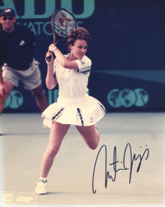 FEMALE TENNIS GREATS: A collection of 8" x 10" photographs, all signed and the first 6 with CoAs, comprising Jennifer Capriati, Margaret Court, Martina Hingis, Lindsey Davenport, Pam Shriver & Venus Williams; and also, Tracy Austin, Virginia Wade and Serena Williams. (9 items).