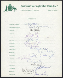 1977-83 collection of Australian Official Team sheets; all fully signed, comprising 1977 (Greg Chappell, Capt.), 1979 (Kim Hughes, Capt.), 1980 Pakistan Tour (Greg Chappell, Capt.), 1981 U.K & Sri Lanka Tour (Kim Hughes, Capt.), 1982 New Zealand Tour (Greg Chappell, Capt.) and 1983 Zimbabwe Tour (Dirk Wellham, Capt.). (A total of 97 original signatures).