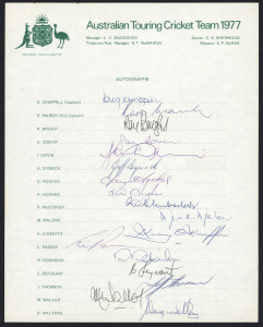 1977-83 collection of Australian Official Team sheets; all fully signed, comprising 1977 (Greg Chappell, Capt.), 1979 (Kim Hughes, Capt.), 1980 Pakistan Tour (Greg Chappell, Capt.), 1981 U.K & Sri Lanka Tour (Kim Hughes, Capt.), 1982 New Zealand Tour (Gre